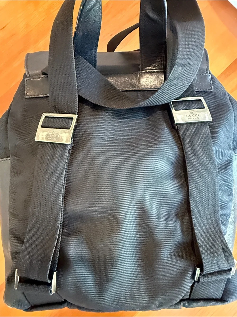 Vintage Gucci Black Nylon Leather Drawstring Backpack